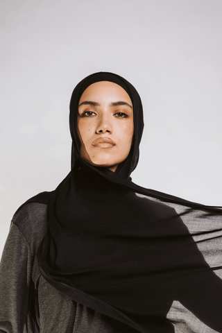 Black premium bamboo scarf set with matching bamboo inner cap and breathable lightweight drape by WOROOD
