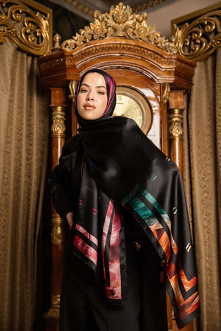 Onyx Insignia premium silk scarf with black, ember, violet, and sapphire artistic mulberry silk design by WOROOD