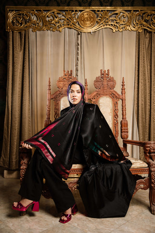 Onyx Insignia premium silk scarf with black, ember, violet, and sapphire artistic mulberry silk design by WOROOD