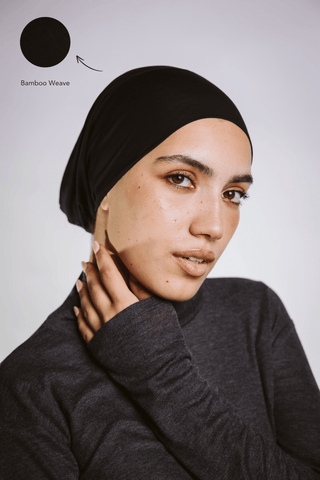 Black premium bamboo scarf set with matching bamboo inner cap and breathable lightweight drape by WOROOD