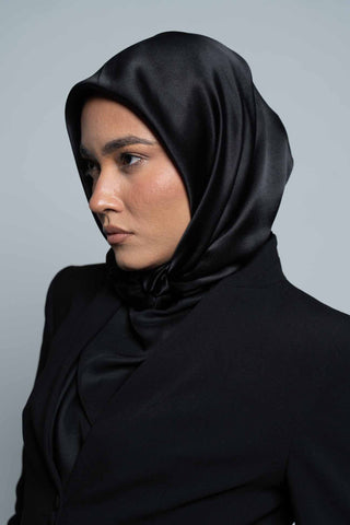 Dark Black Square Silk Scarf by WOROOD