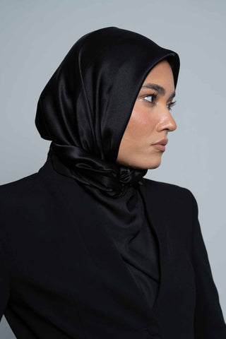 Dark Black Square Silk Scarf by WOROOD